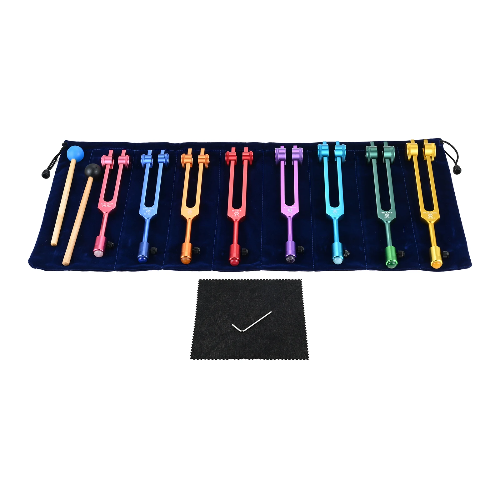 8pcs/set Colorful Tuning Forks with Metal Message Base Mallets Activator 126.22/136.1/141.27/172.06/194.18/210.42/221.23/272.2Hz