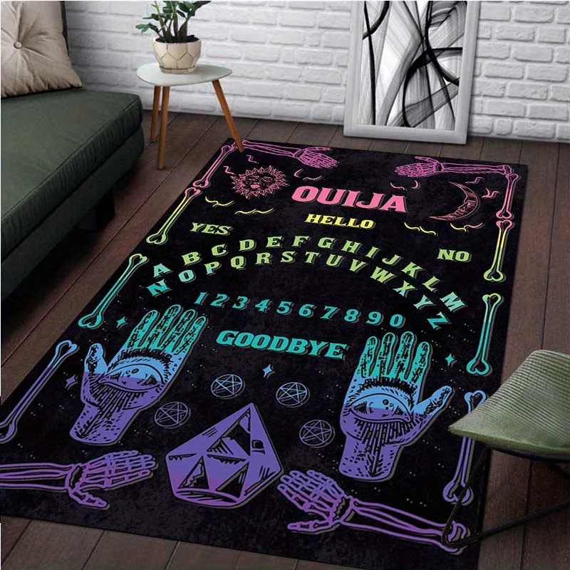 Colorful Ouija Spirit Board Rug | Vibrant Skeleton Hands Carpet for Mystical Decor | Halloween Living Room Accessories