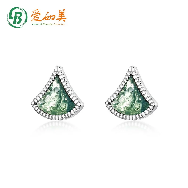 

New Personalized Green Moss Ginkgo Leaf Ear Nail Female Geometric Fan 18K Gold PT950 Platinum Silver Plated 7-Layer Gold