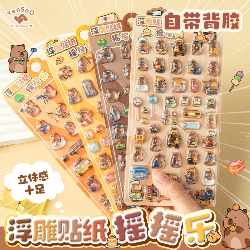 1PCS Kawaii Cartoon Capybara 3D Transparent Gelee Aufkleber Kristall Blase Relief Kinder Aufkleber Für Telefon Fall Notebook Gitarre