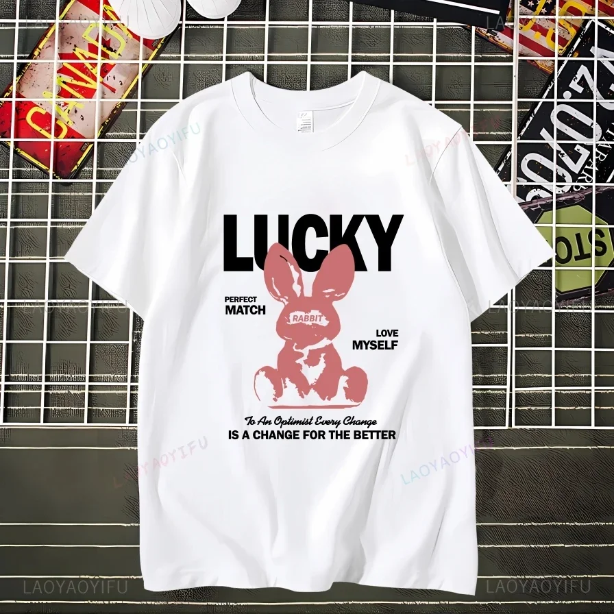 A Change for The Better Lucky Rabbit Perfect Match Text Shirt Cartoon Pattern Street Style Cute Self-motivation camise hot sale