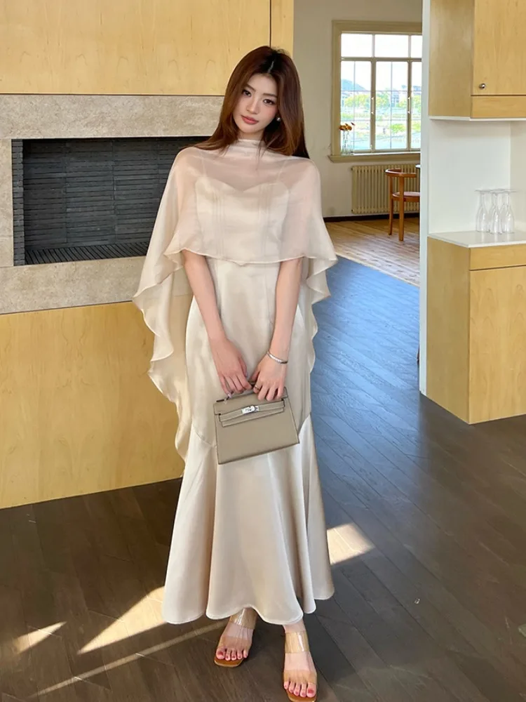 

Elegant Summer Outfit Women's Two-Piece Set with Cover up Shawl Fish Tail Skirt Waist Cinched Strap Dress Fashionable Ensemble