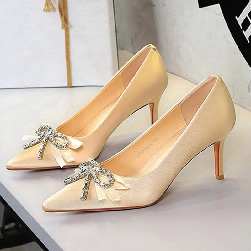 BIGTREE CRYSTAL Diamond Butterfly-knot Satin Pointed Toe Women's Pumps Sexy Thin High Heels Party Prom Mule Shoes
