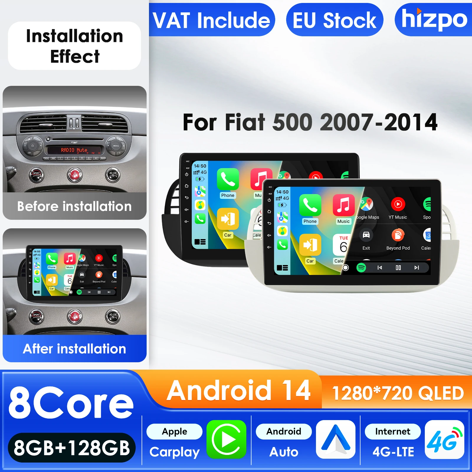 Hizpo Carplay 4G 7862 AI Systeme Android 14 Autoradio für FIAT 500 Multimedia Video Player GPS Navigation 2din Autoradio BT