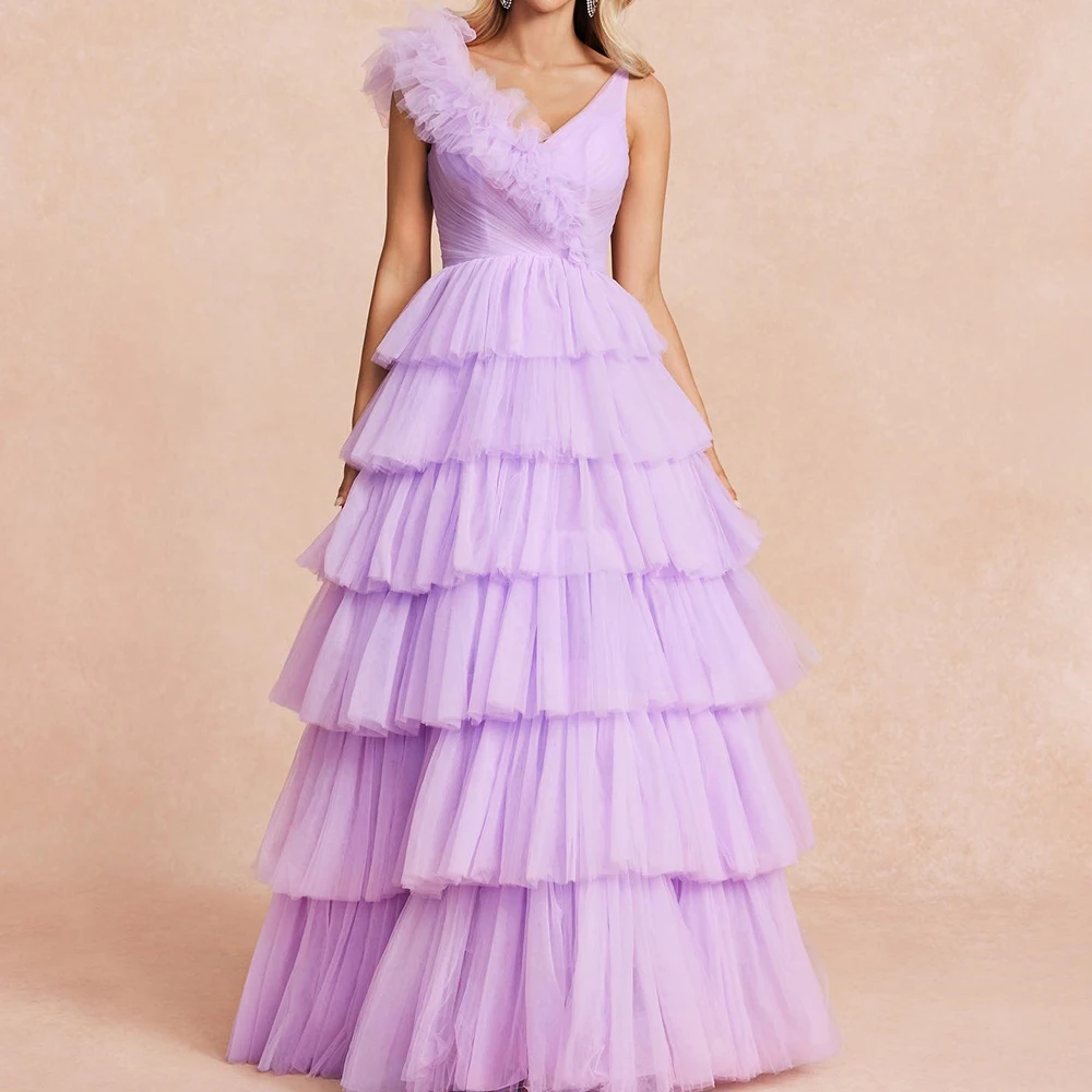 

Customized Modern V-Neck Spaghetti Straps Organza Tiered Evening Dress Graceful Pleats Zipper Back Purple Vestido De Noche