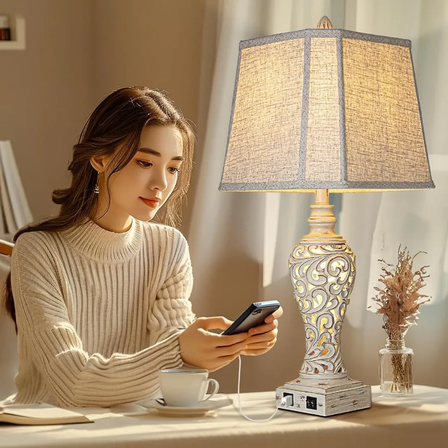 Conjunto de 2 candeeiros de mesa de 28,5" - Candeeiro de cabeceira com abajures de tecido - para quarto e sala de estar com USB e luz noturna - perfeito para