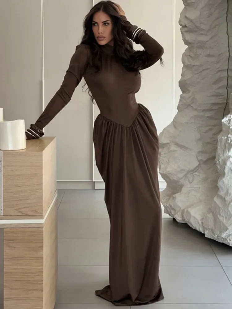 

Turtleneck Long Sleeve Sexy Maxi Dress Women Gown Autumn Winter Elegant High Waist Draped Ruched Club Party Long Dress