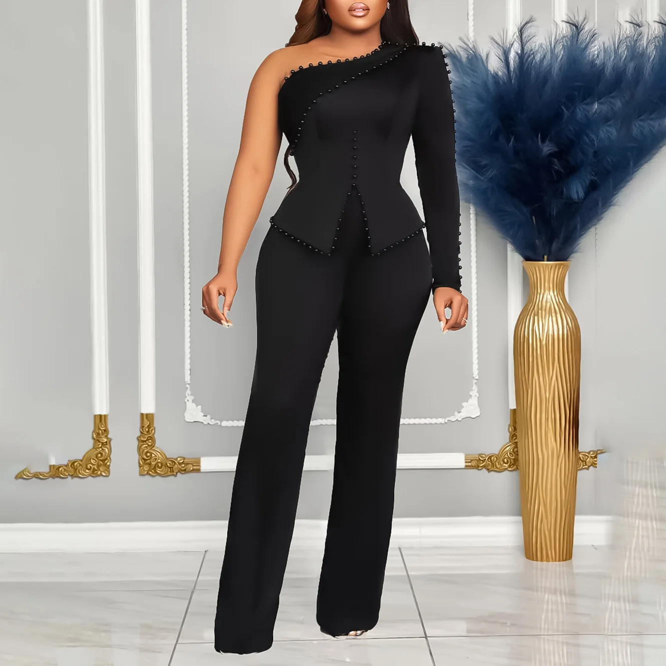 

Women's spring new slanted shoulder beads two-piece set large size European and American suit temperament simple and sexy high-e