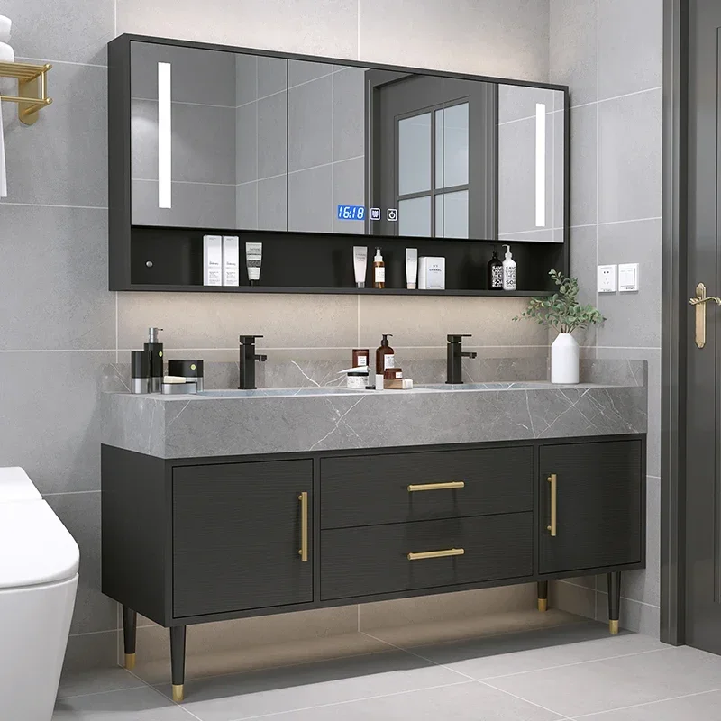 

Top - Notch Marble Countertop Bathroom Accessories Sets Solid Intelligent Wood Cabinet Smart Mirror Vanity Unit Basin Faucet