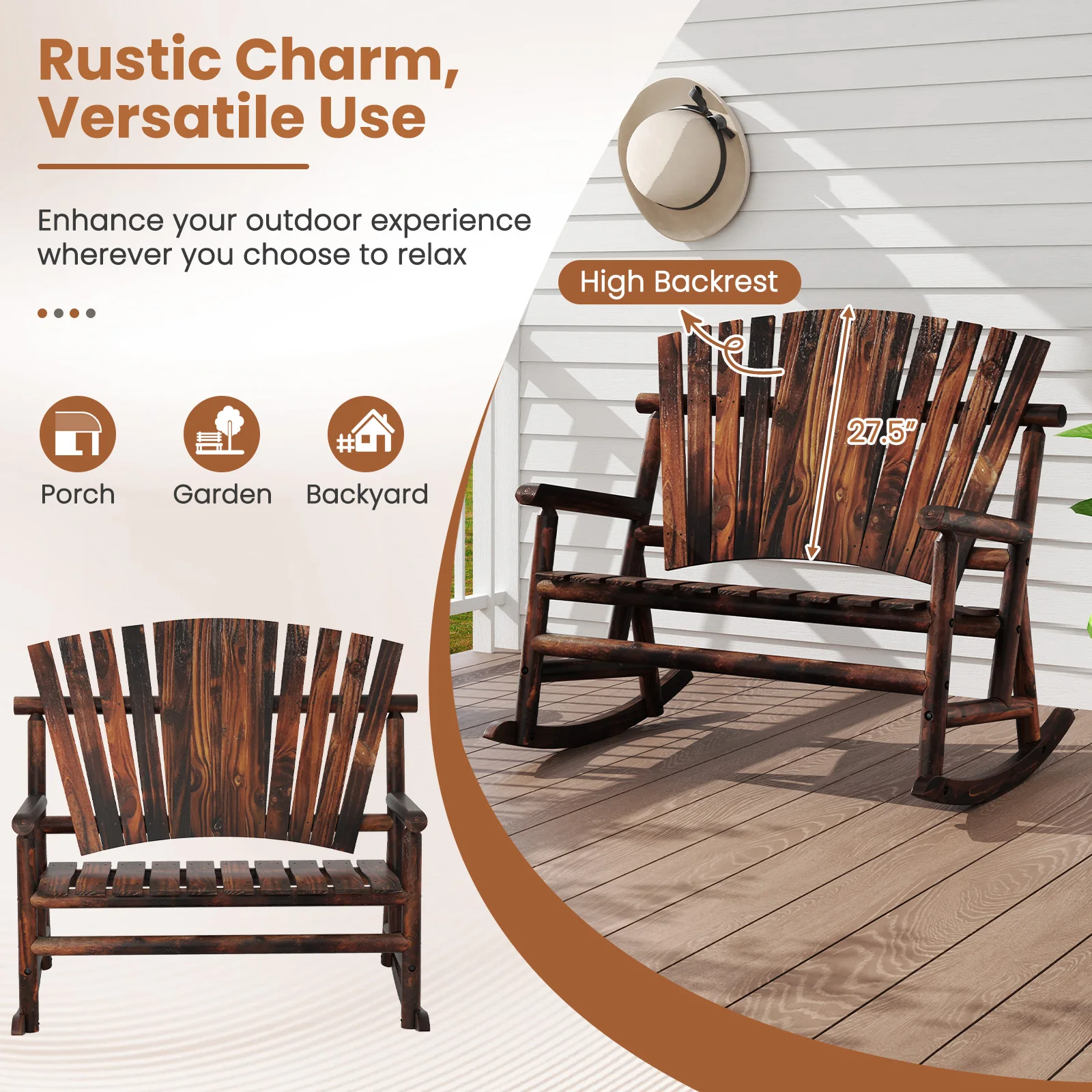 เก้าอี้โยก Adirondack กลางแจ้งสําหรับ 2 คนพร้อมพนักพิงสูงและที่นั่งระแนง