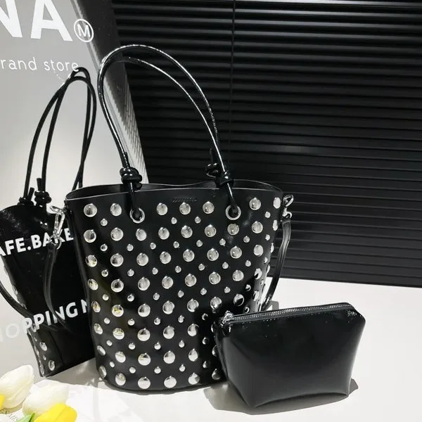 

Осень 2025 года, сумка-ведро в горошек с заклепками, стильная новая модная сумка через плечо для женщин