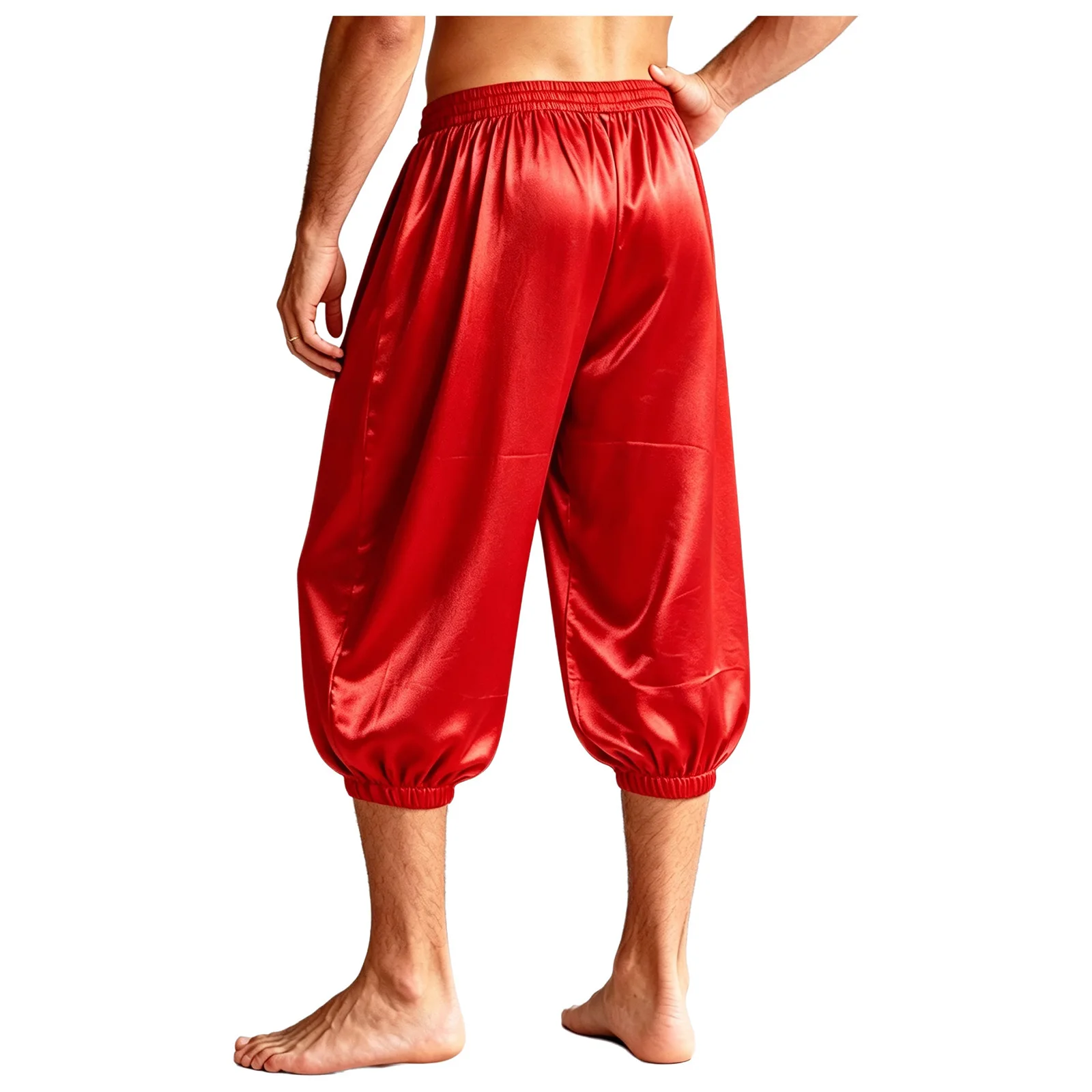 Men Medieval Renaissance Pirate Calf-length Pants Elastic Waist Loose Capri Pants Arab Prince Silky Trousers for Halloween Party