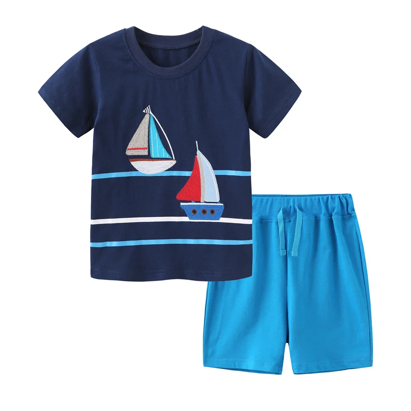 Jumping Meters Summer Outfits For Kids Wear Boats Embroidery Hot Selling Baby Clothing Sets Boys Girls Cotton Tees + Shorts Sets