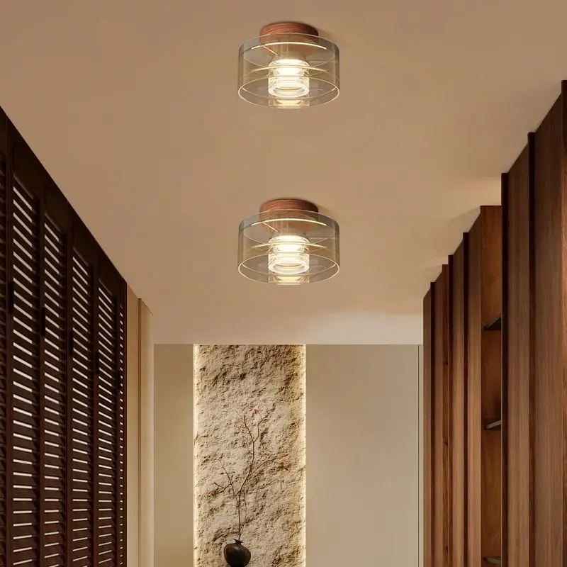 Luxury Amber Glass Stacked Ceiling Lights Solid Wood Pattern Top Seat Nordic Style Bedroom Balcony Corridor Ceiling Lamps Decor