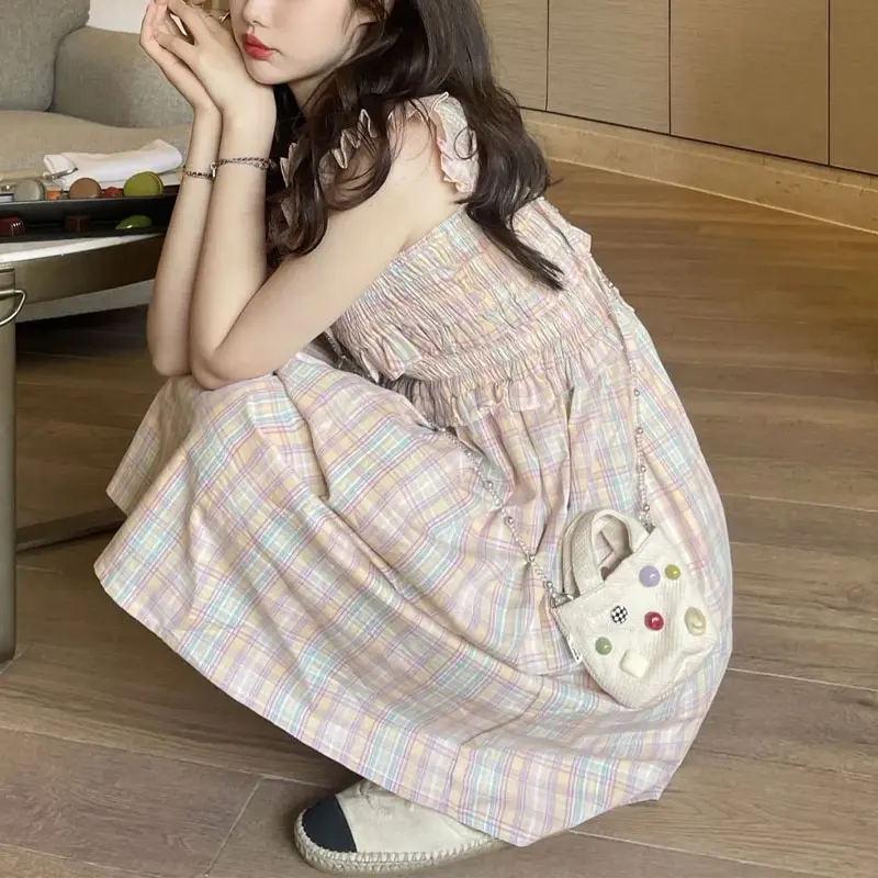 

Stylish Sweet Plaid Flying Sleeve Strap Long Dress Summer New Gentle A-Line Women's Clothing French Style Drawstring Bow Dresses