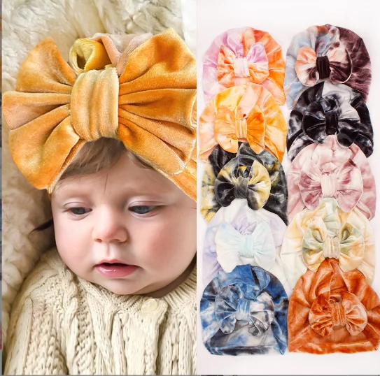 Tie Dyed Babes Beanie Caps Bow Hat Girls Velvet Hat Turban Headwrap For Kid Toddler Infant Cap Baby Photo Props Hair Accessories