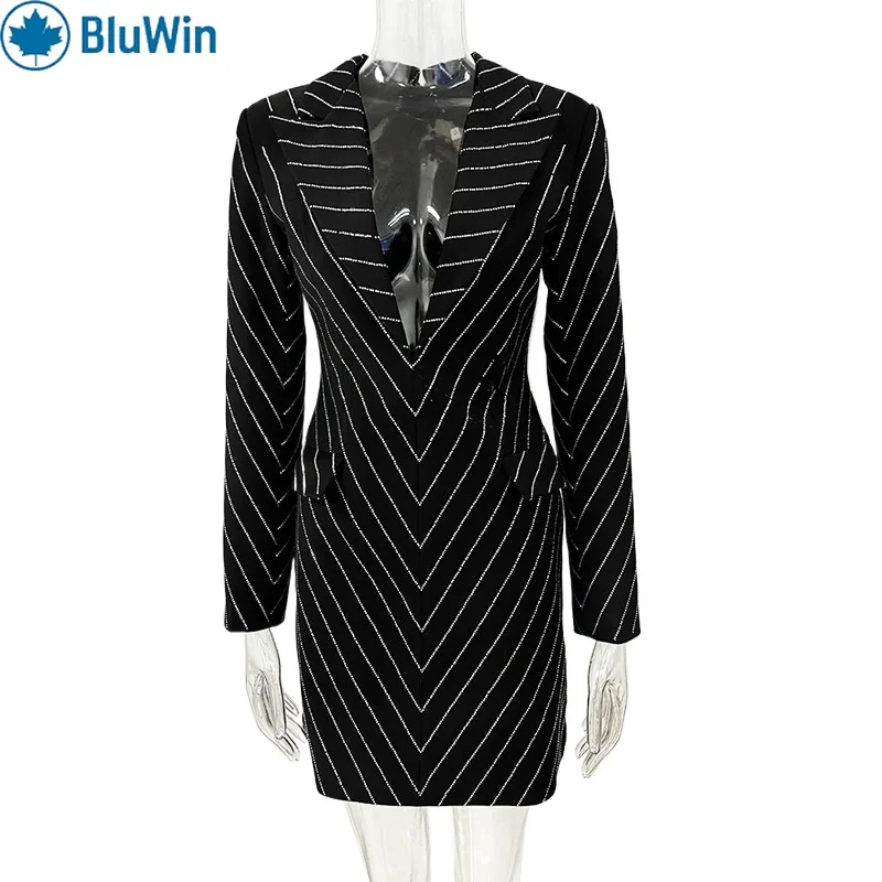 

URBANCHIC Celebrity Style Rhinestone Blazer Collar Bodycon Dress Women Long Sleeve Slim Fit Pencil Mini