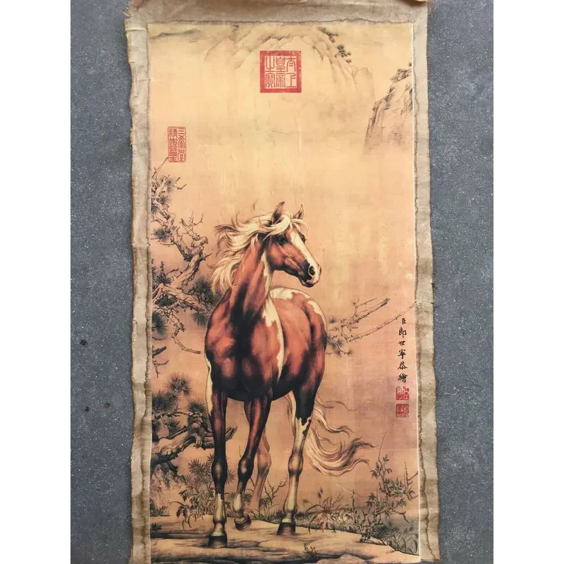 

China Old Scroll Lang Shining's Steeds Horse Painting Slice