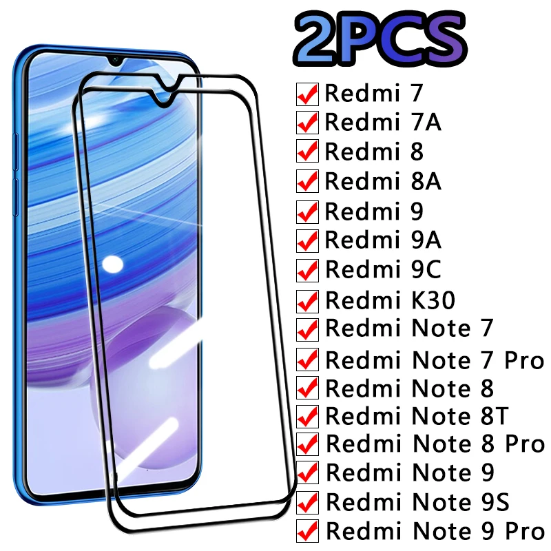 2PCS Full Tempered Glass For Xiaomi Redmi 7 8 8A 9 9A 9C Screen Protector Redmi Note 7 8 8T 9 9S 10 10X Pro Protective Film