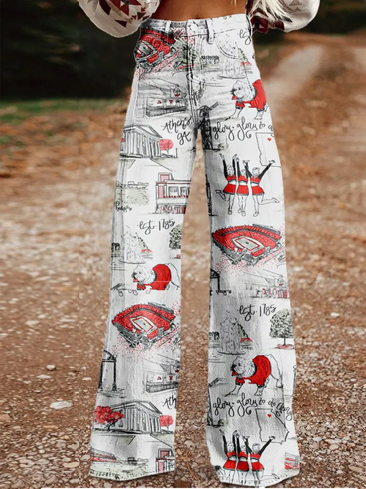 Vintage Race Print Wide Leg Trousers