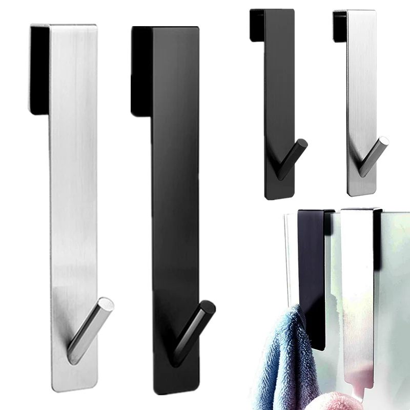 Bathroom Shower Door Hook Over Glass Towel Cloth Rack Holder Stainless Steel Cabinet Door Hook Rust-proof Punch-free Decor Hook