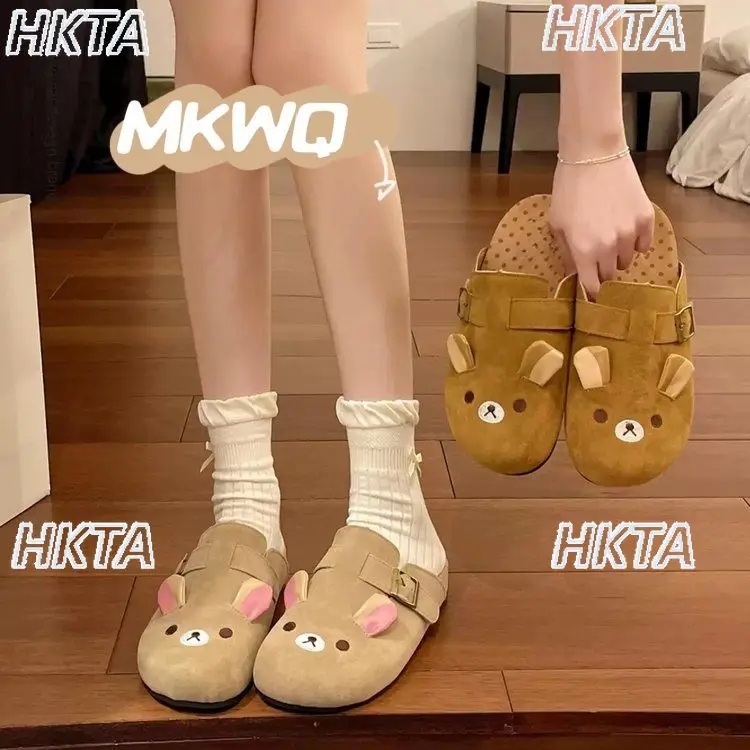 

Осень 2023, новые милые легкие тапочки с мультяшным медведем, женские толстые полутапочки с закрытым носком, удобные женские туфли в стиле ретро