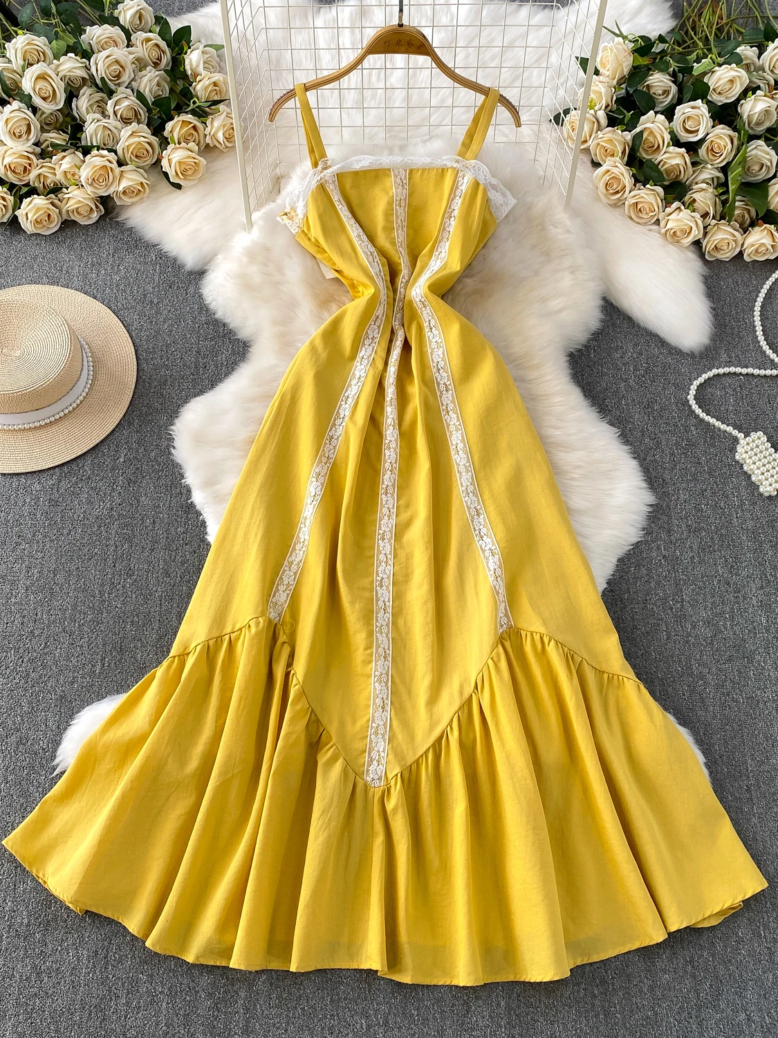 Beach Vaion Sle Langes, mit Spitzen besetztes, sommerliches, süßes Taillen-Maxikleid für Damen, Svel-A-Linien-Kleid mit hoher Taille