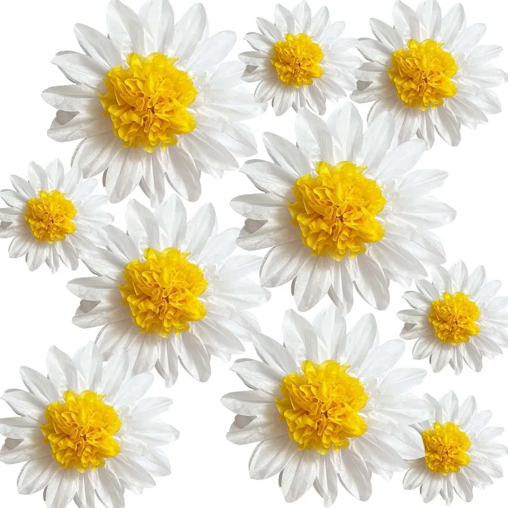 10Pcs Daisy Tissue Paper Pom Poms White Yellow Flowers Wedding Baby Shower Birthday Party Decor Hanging Ornament 8/12 Inch