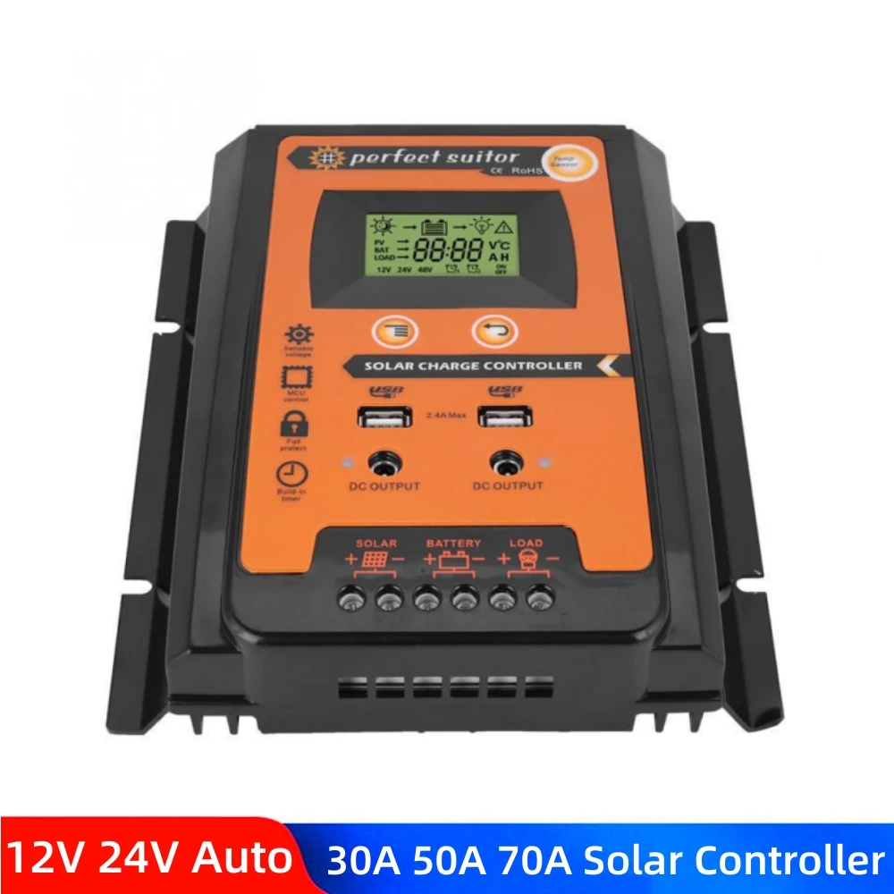 

12V 24V 30A 40A 50A 60A 70A Solar Charge Controller PWM Solar Panel Charge Discharge Regulator Dual USB + Dual DC Port