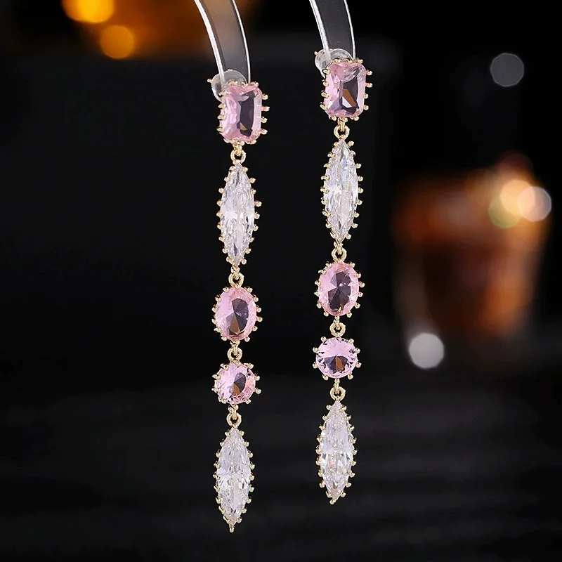 s925 silver needle super fairy light luxury high-end earrings trendy long face-modifying super flash zircon tassel earrings