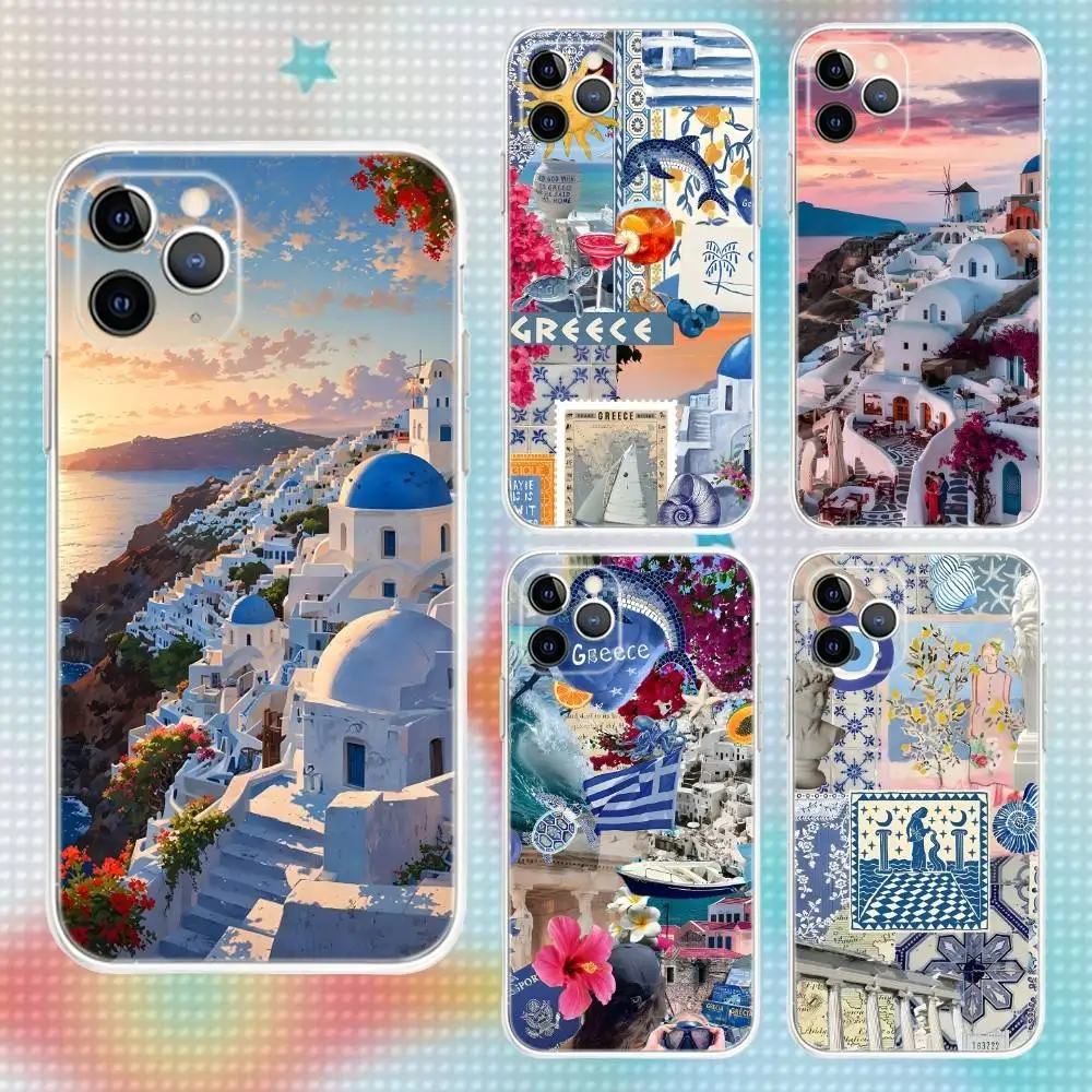 

Greek Santorini Summer For iPhone 17,16,15,14,13,12,11,Air,X,XR,Pro,Max,Plus Transparent Non-Slip Cover