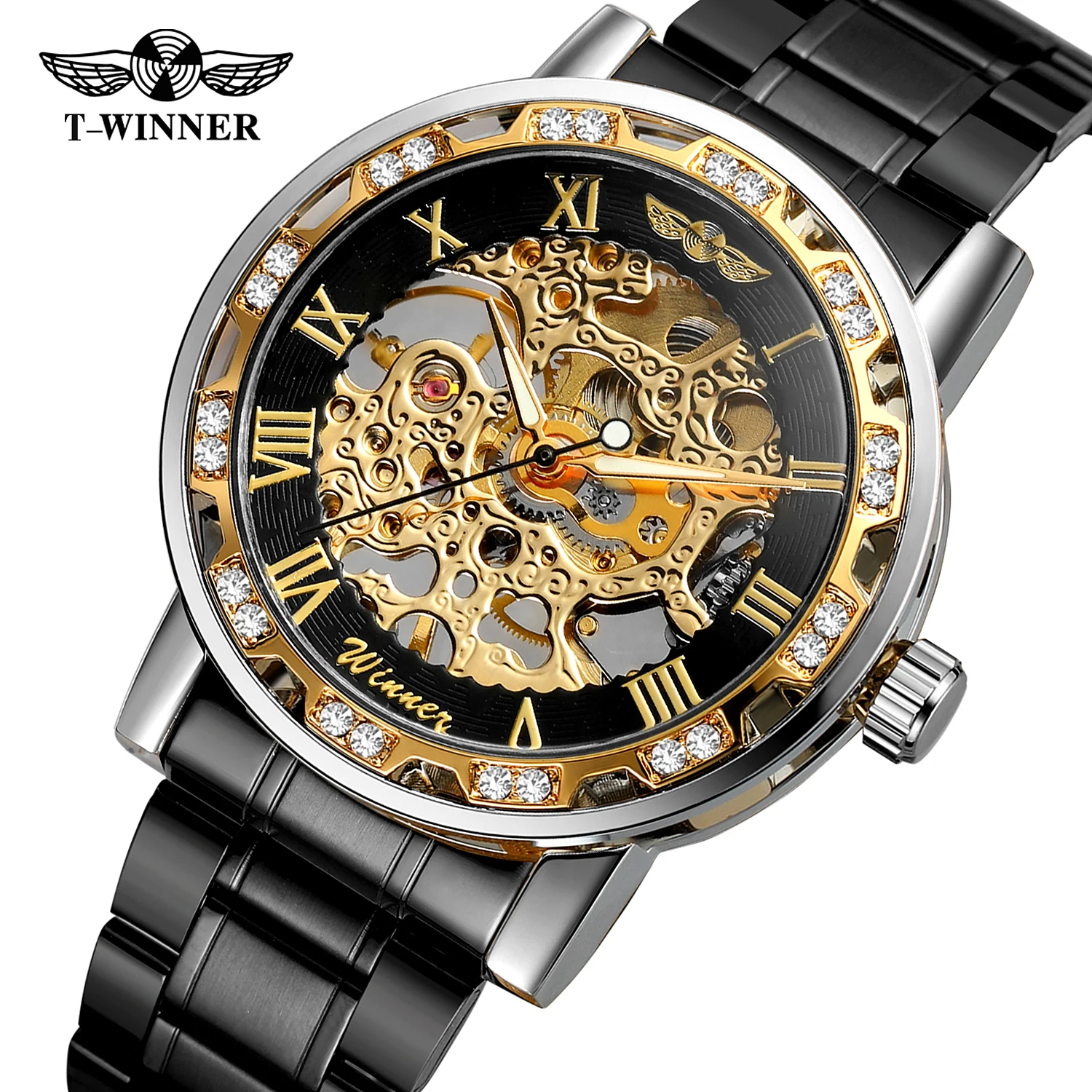 T-WINNER Fashion Casual Mens Watches Skeleton Mechanical Engraving Luxury Rhinestone Luminous Pointers Cool Black Man Wristwatch