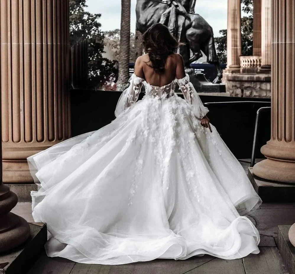 

2026 Bohemian Long Wedding Dress Sweetheart Illusion Top Long Sleeve Bridal Bride Gowns Flowers Vestidos De Noiva Robe Mariage