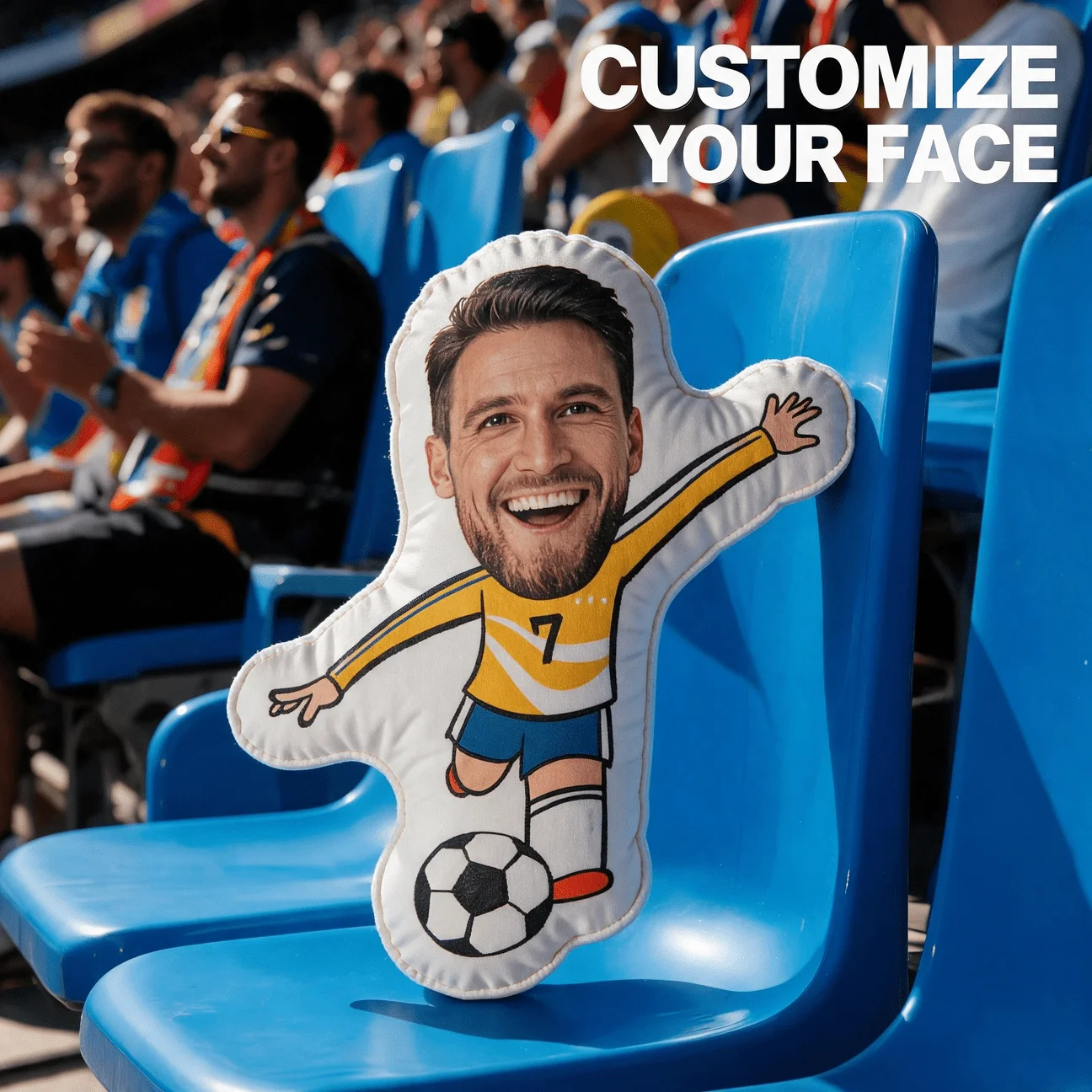 Custom Photo Shaped Pillow, Personalized Face on Cartoon Soccer Player Body, Yellow Jersey Decorative Cushion, Unique Home Decor