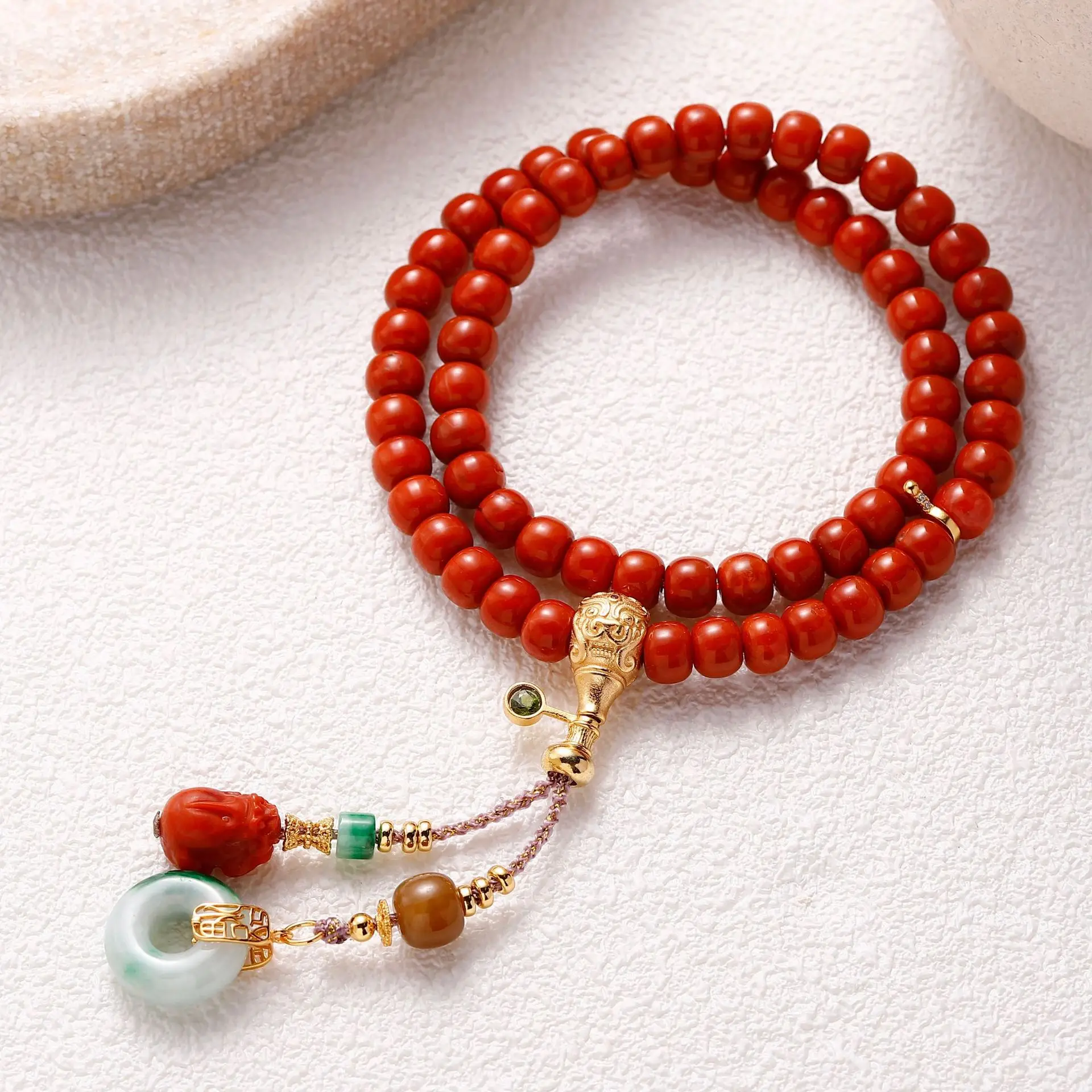 Natural Red Agate Old Barrel Bead Double Loop Bracelet Pixiu A‑Grade Floating Jade S925 Gold‑Plated Chinese Bracelet