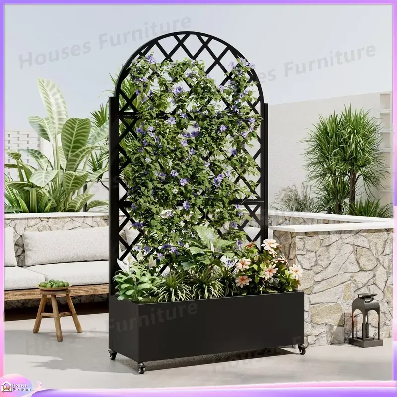 Round Metal Flower Pot Box 4 Wheel Raised Garden Bed with Lattice Privacy Screen for Climbing Plants Vegetables Vines Outdoor