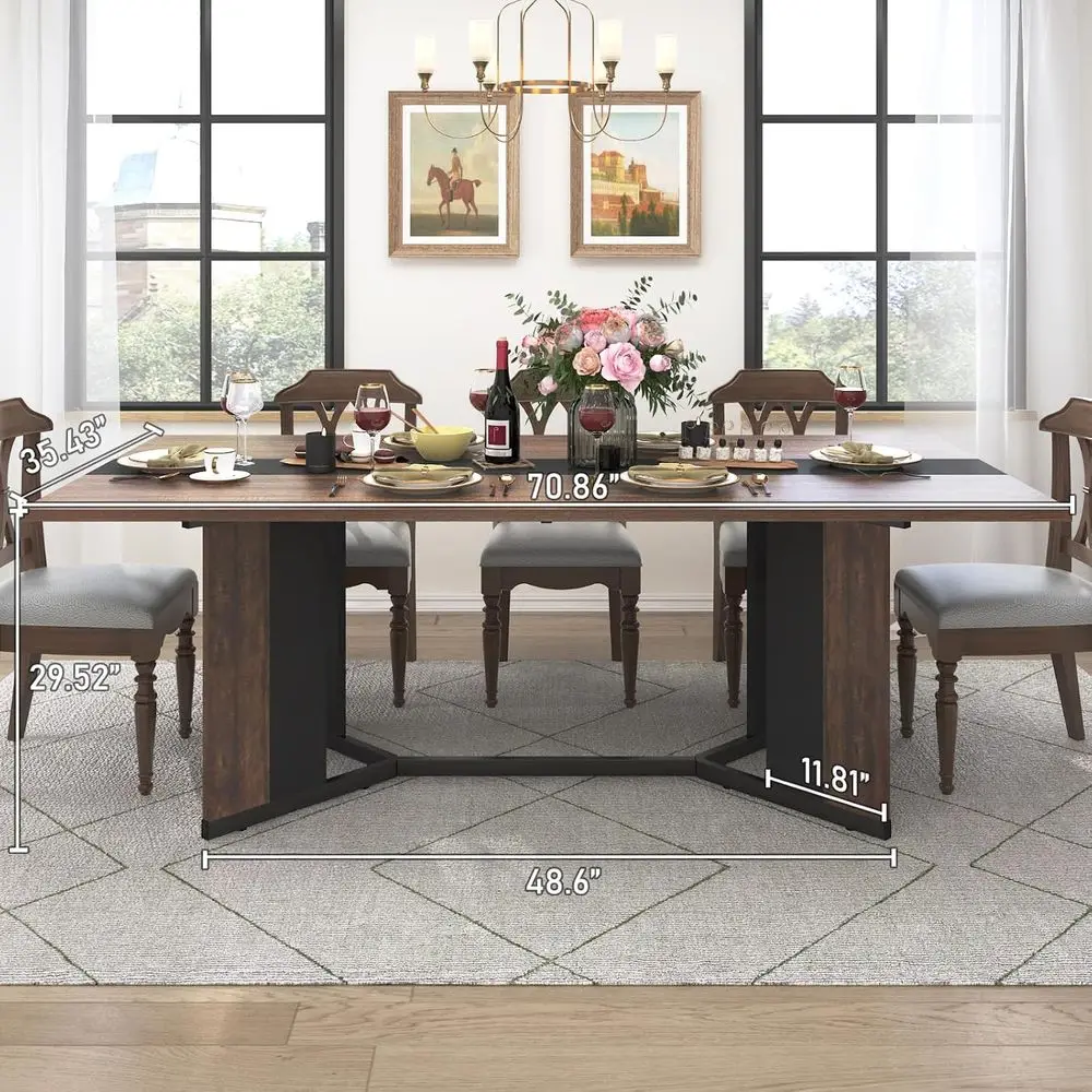70Inch Large Dining Table or 4 6 People,Wooden Recular Kitchen Table W/Waterproo Tabletop,Large Recurniture W/Adjustable Legs,Br - view 2