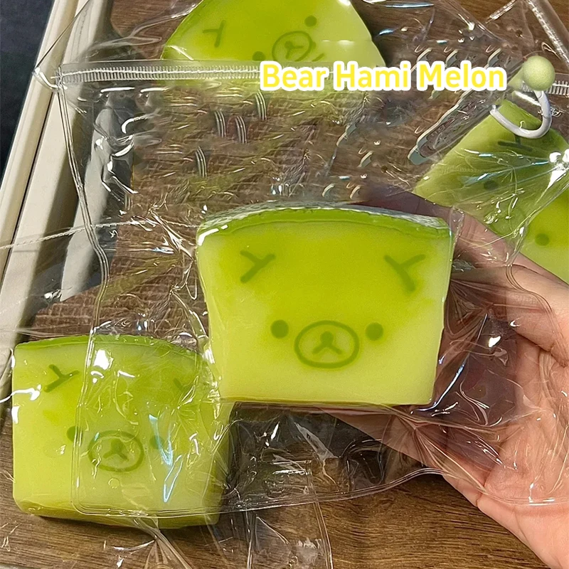 Kawaii Bear Melon Squishy Toy, Soft Squeeze Fidget Toy, Realistic Honeydew Shaped Stress Relief Toy