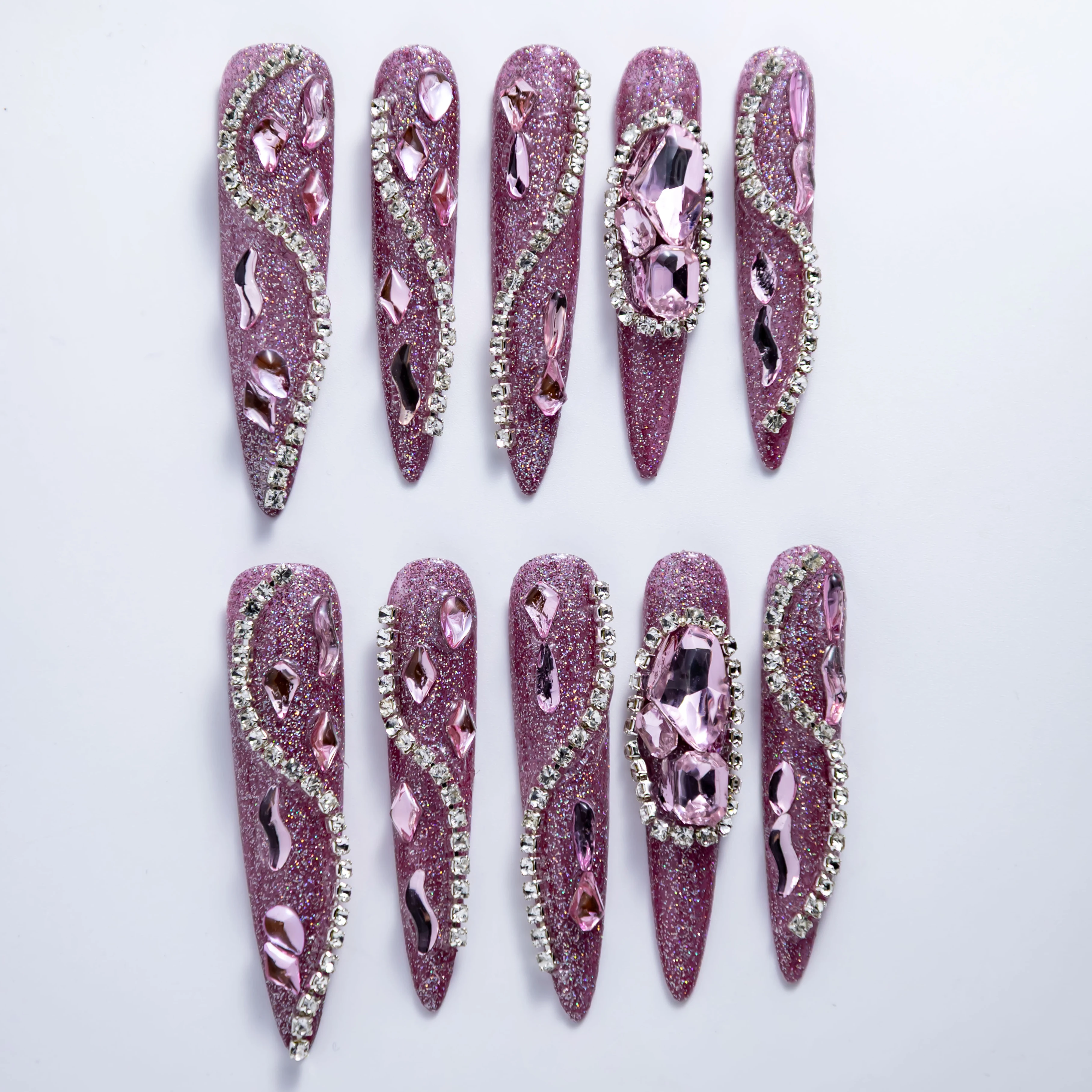 

10Pcs Handmade Long Stiletto Press on Nails, Sweet Glam Sparkly Style with Pink Crystal & White Rhinestone + Curved Rhinestone C