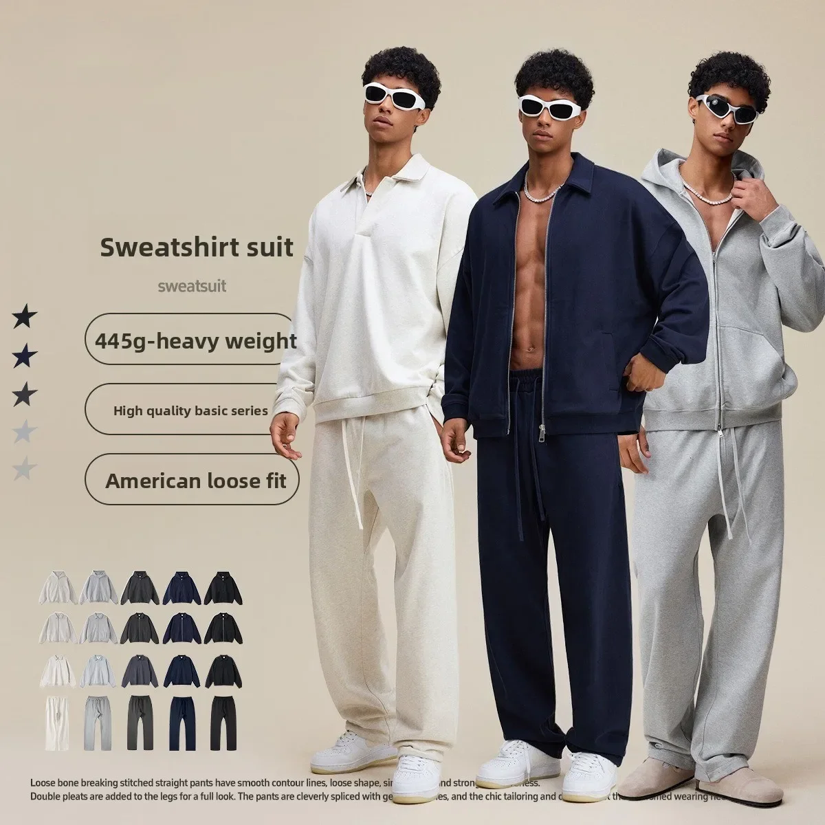 

Men's American Streetwear Set - Broken Bone Spliced Design with Stand Collar & Hooded Sweatshirt and Matching Sweatpants