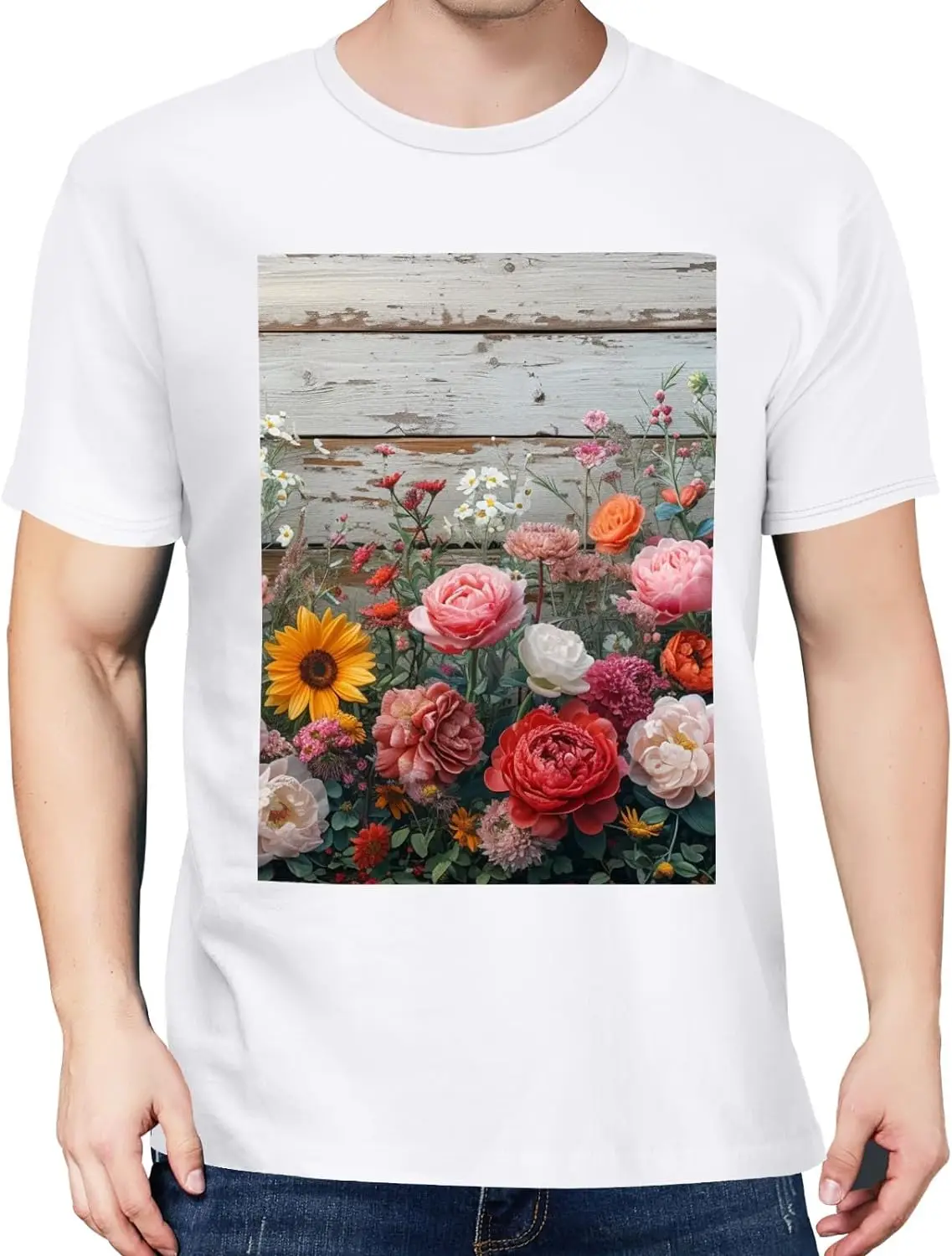 Flower Wood Mens Black T-Shirts Short Sleeve Crew Neck Women T-Shirt Loose Fit Soft Tees for Men Lightweight X-Small