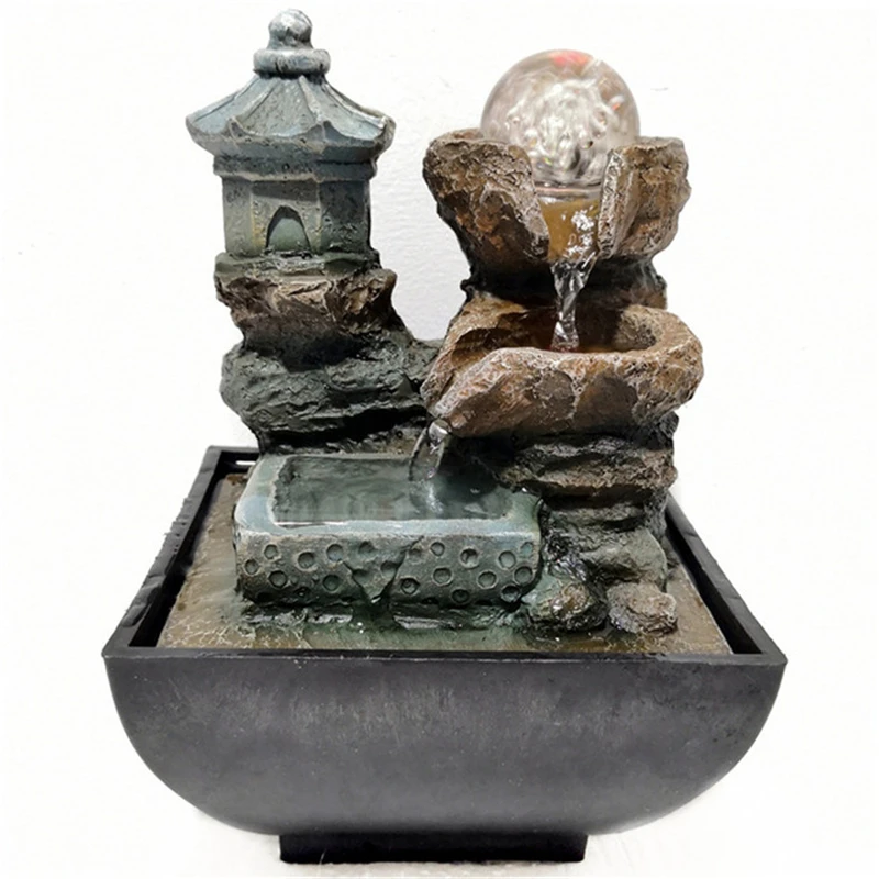Resin Staggered Rock Indoor Fountain Lucky Feng Shui Water Falls Tabletop with LED Lights for Home Office Decor