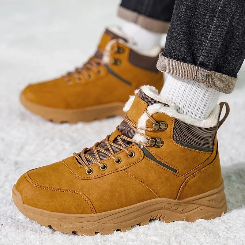 Winter Men's Warm Plush Snow Boots Thick-Sole Microfible Leather Outdoor Hiking Work Shoes Fashion Men Sneakers