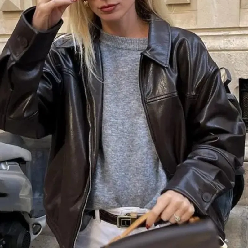 Kurtki skórzane vintage płaszcz długi rękaw kołnierz zapinany na zamek damskie kieszenie kurtka damska wiosenna moda nowa damska odzież uliczna