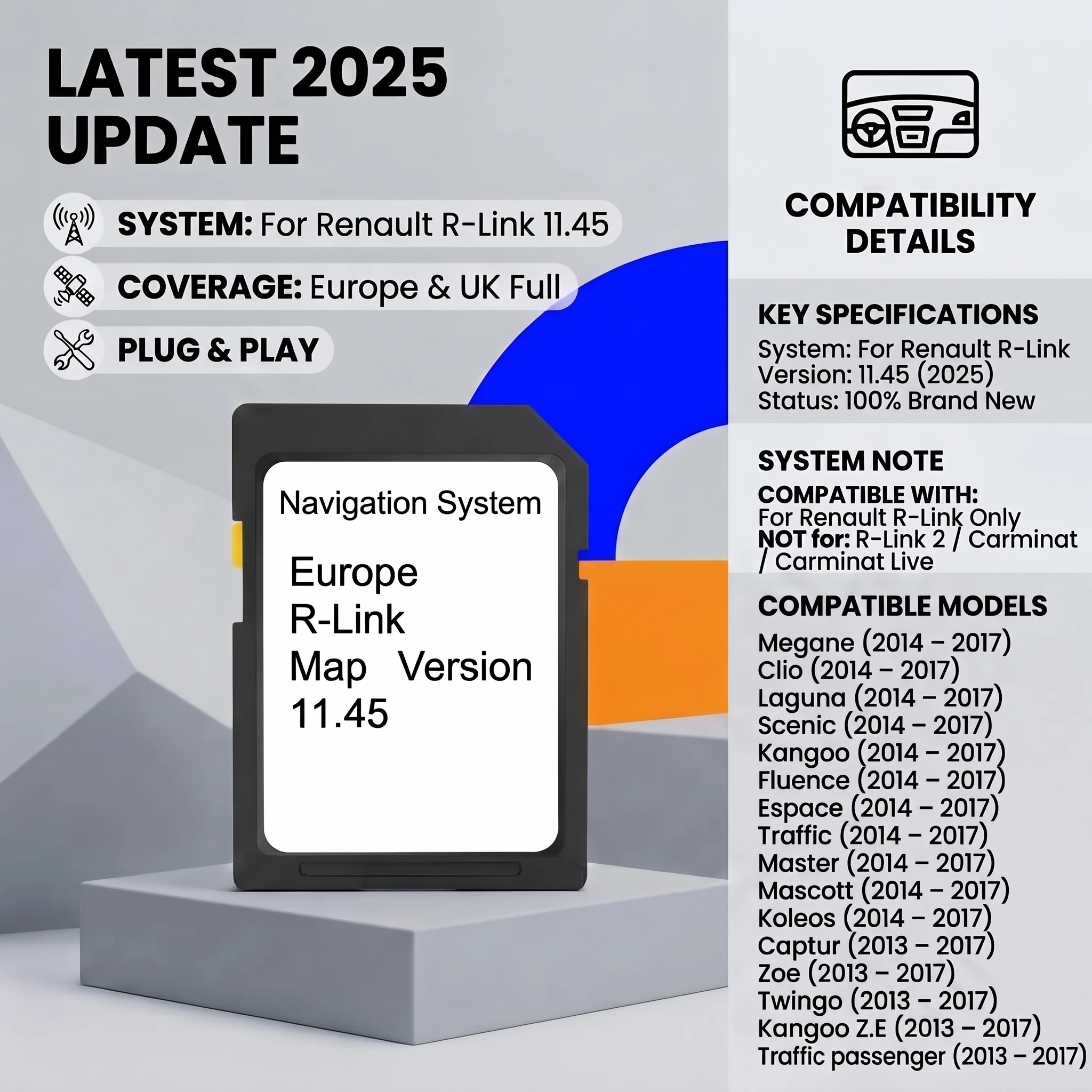 Navigation SD Card 11.45 Europe UK Brand New Unbonded For Renault R‑Link1 Megane Clio Laguna Scenic Kangoo Fluence Espace Twingo