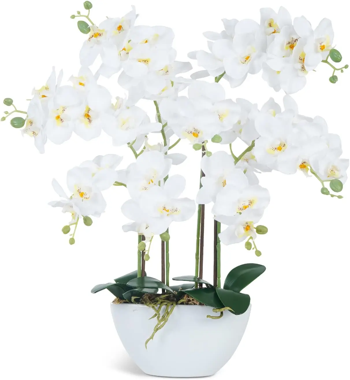 Artificial Orchid Flowers & Plants Potted in Ceramic Pot, White Faux Phalaenopsis Orchids for Table Centerpiece