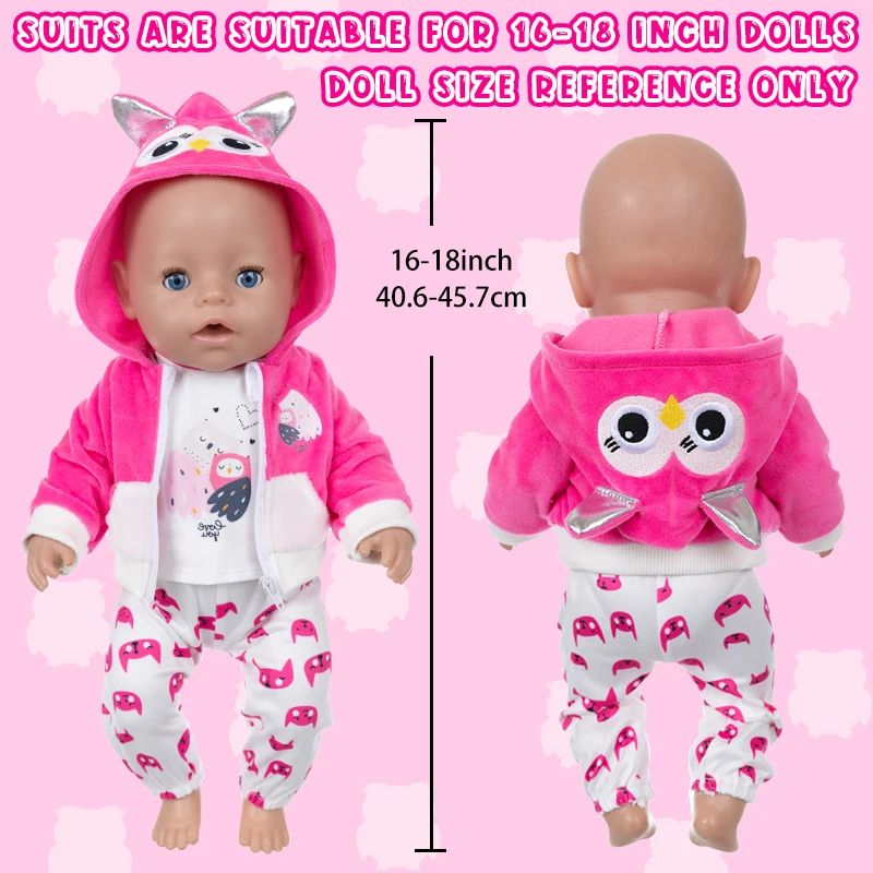 Kawaii Puppenkleidung für 16-18 Zoll (40-45 cm) Babypuppen, süße Eulenförmige Jacke, Kapuzenpullover, Hose, Reborn-Puppenkleidung, Zubehör, Mädchen-Geschenk
