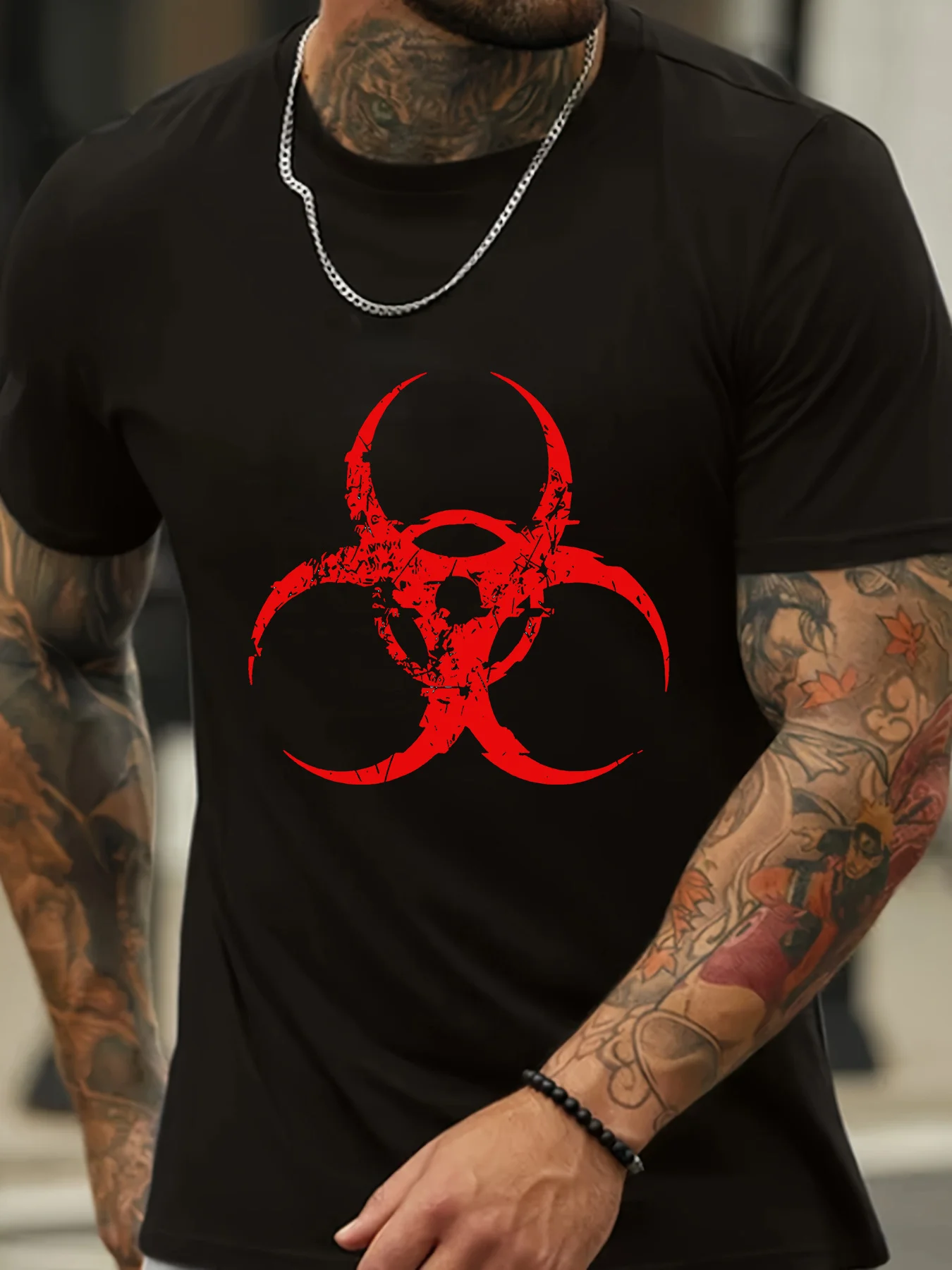Men's Black  T-shirt with Bold Red Biohazard Symbol Design, Crew Neck, Short Sleeves, Casual Fit, Perfect for Hiking and Outdoor Activities- Spring, Summer, Fall, Hiking T-shirts Bold Graphic T-shirts  Knit for Camping, PLUS SIZE