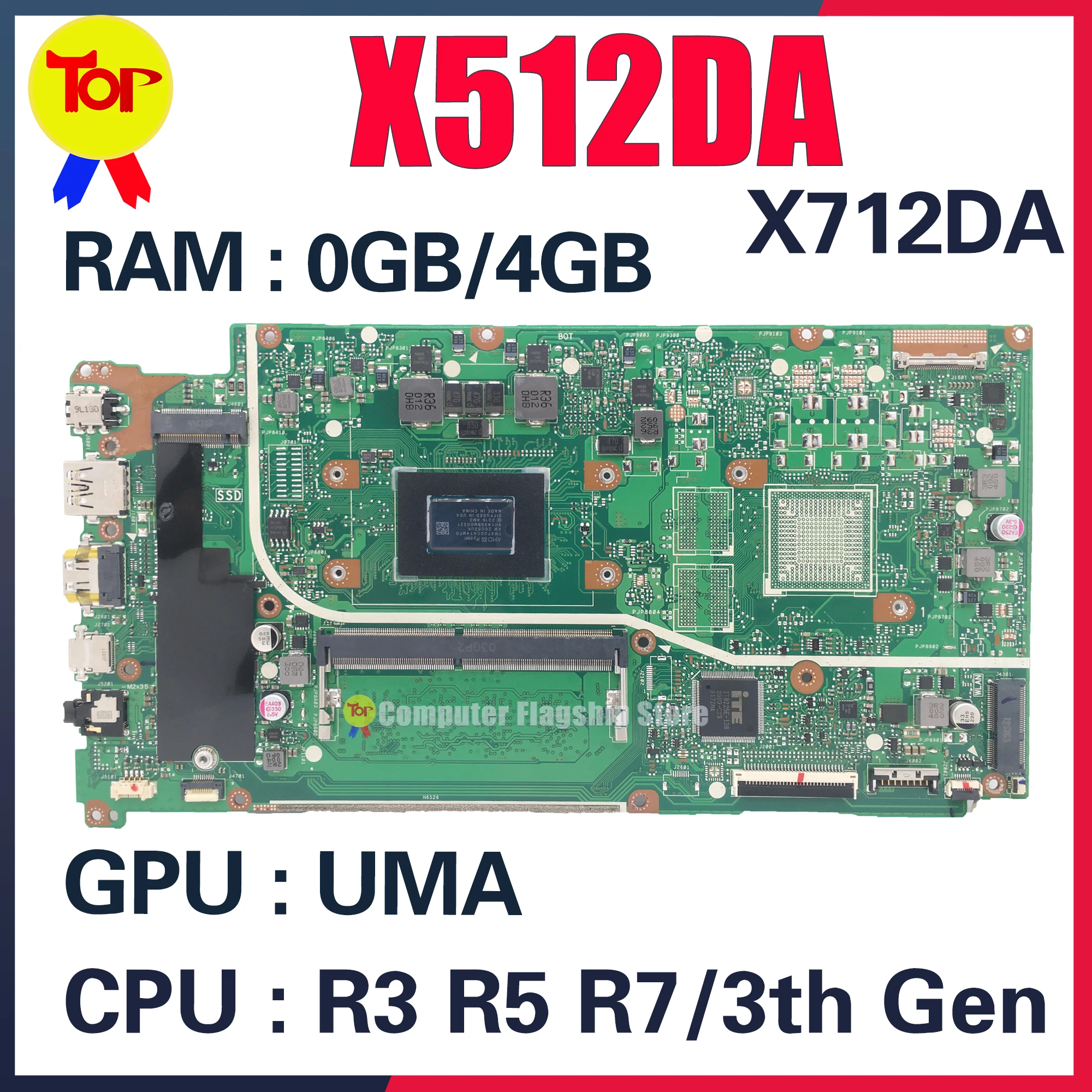 

X512DK Laptop Motherboard For ASUS X512D X512DA X512DAP F512DK F512D X712D X712DK X712DAP F712D F712DK 0G/4G R3 R5 R7 Mainboard