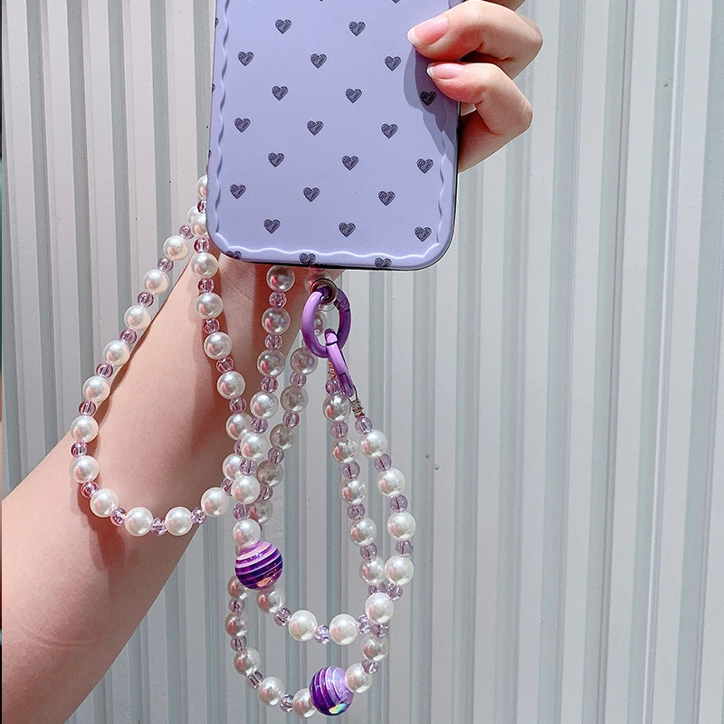 Cute Heart Love Beads Hanging Long Chain Phone Strap Colorful Bowknot Lanyard Woman Girl Bag Camera Pendant for Airpods Cases